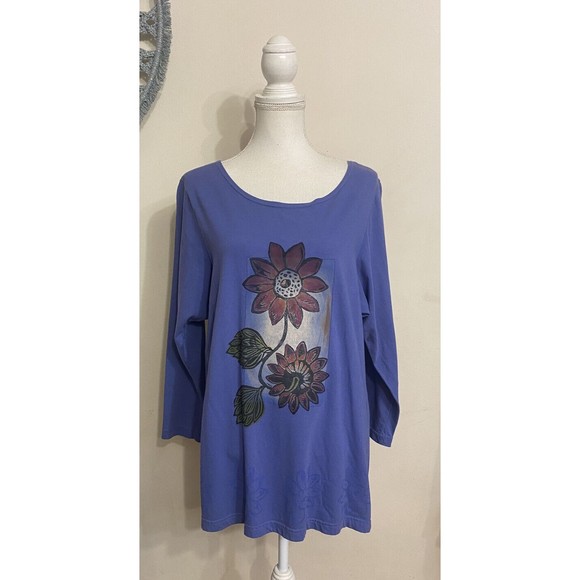 BLUEFISH Tee Shirt Blue Flowers Hand Painted Art Organic Cotton USA Size 0